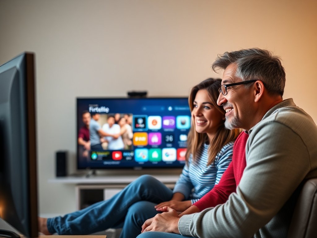 Famille souriante regardant ensemble la télévision via un Abonnement IPTV Premium, avec une interface utilisateur colorée et intuitive affichée sur l'écran.