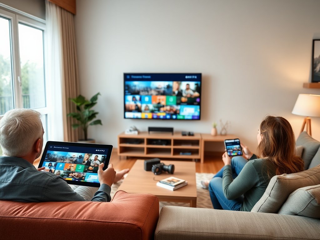 Famille utilisant l'Abonnement IPTV Smarters Pro sur plusieurs appareils simultanément dans le salon