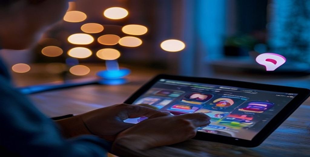 Personne utilisant une tablette pour regarder un service IPTV, avec des icônes d'applications de streaming en arrière-plan et un routeur Wi-Fi symbolisant la connexion internet.